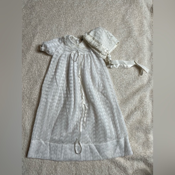 Vintage Madonna by Haddad baby christening baptism gown with hat white open lace - Picture 1 of 10